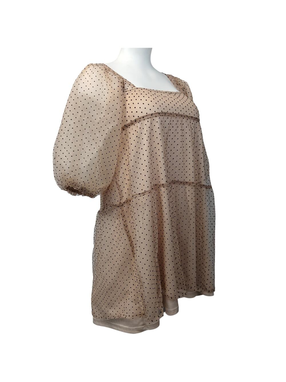 Lush Tan Polka Dot Dress Small S Black Dot Cap Sleeve Cutout Back Mini Fit Flare